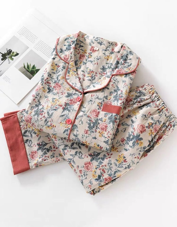 Ensemble de vêtements d'intérieur à manches longues en pur coton à motif floral forestier