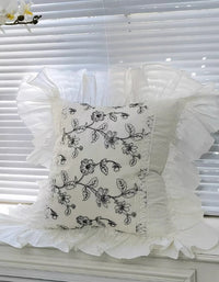 French Embroidered Lace Ruffle Cotton Cushion Cover