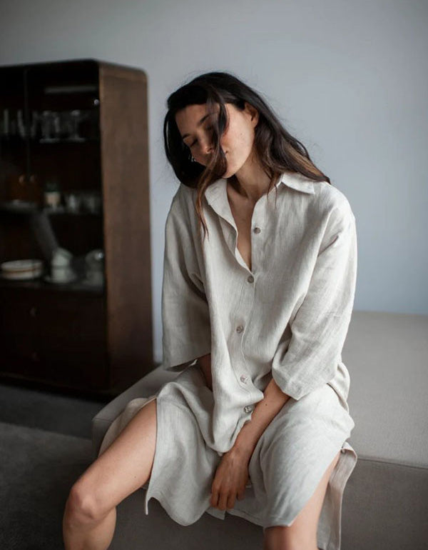 French Style Loose Mid-length Linen Shirt Dress