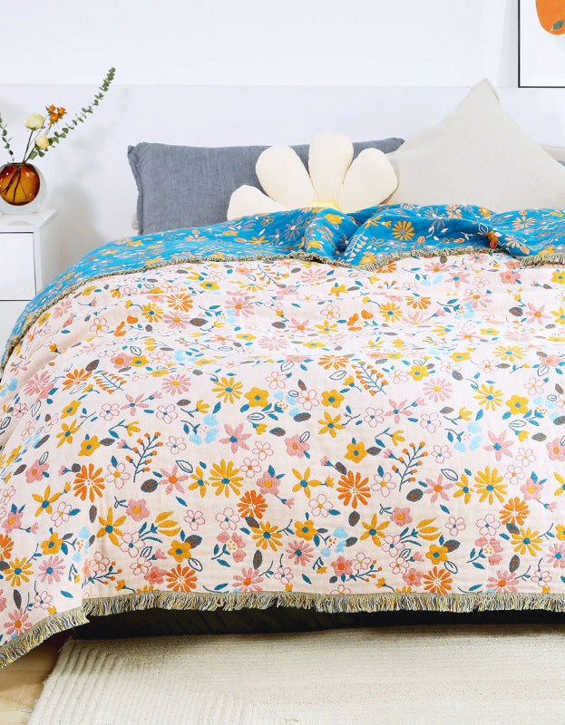 Funda de cama de algodón con borlas y flores de jardín para sofá