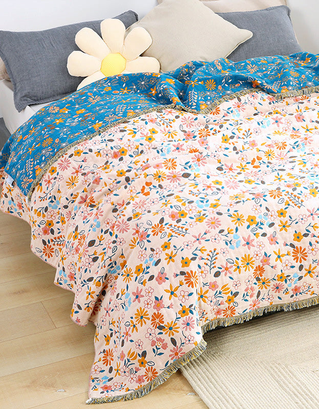 Funda de cama de algodón con borlas y flores de jardín para sofá