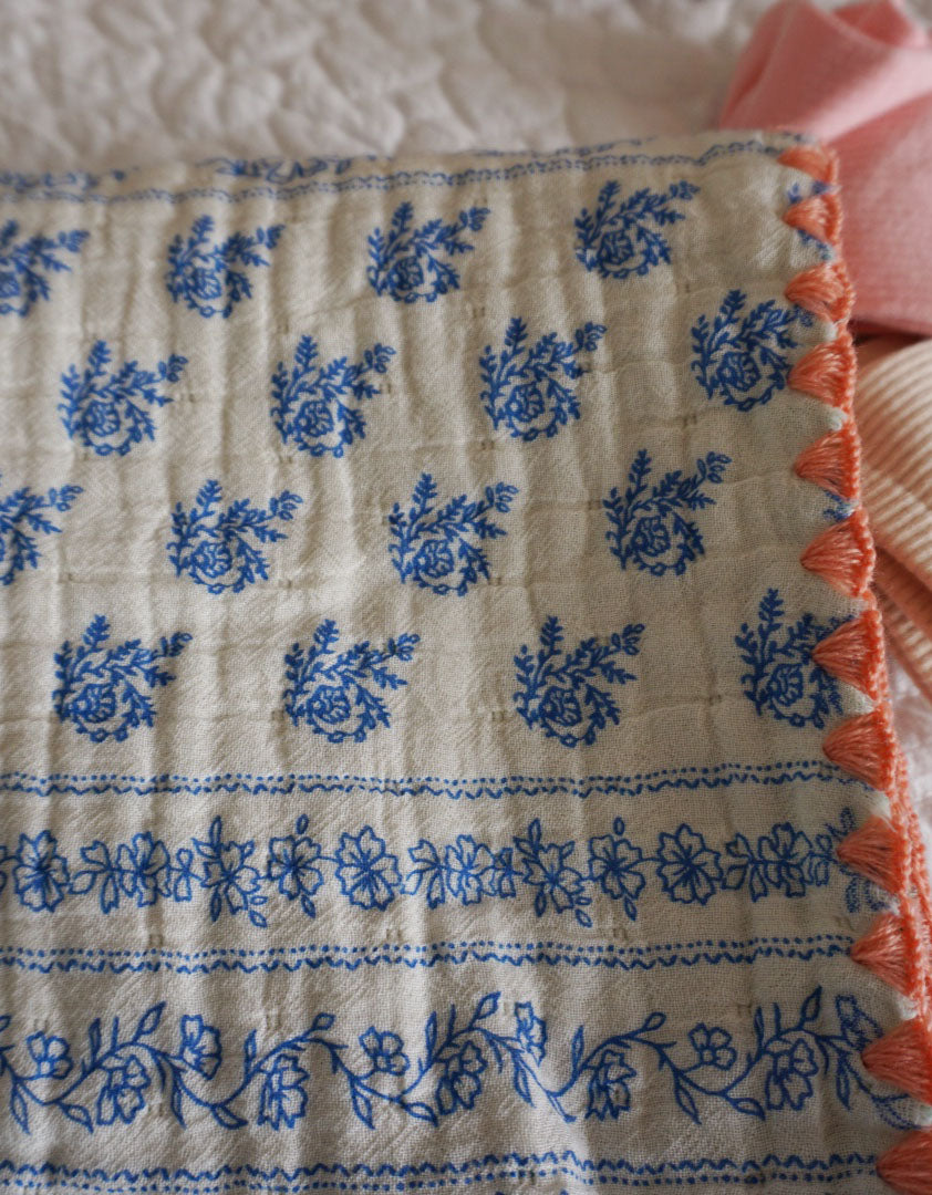 Handcrafted Cotton Blanket with Blue Floral Print