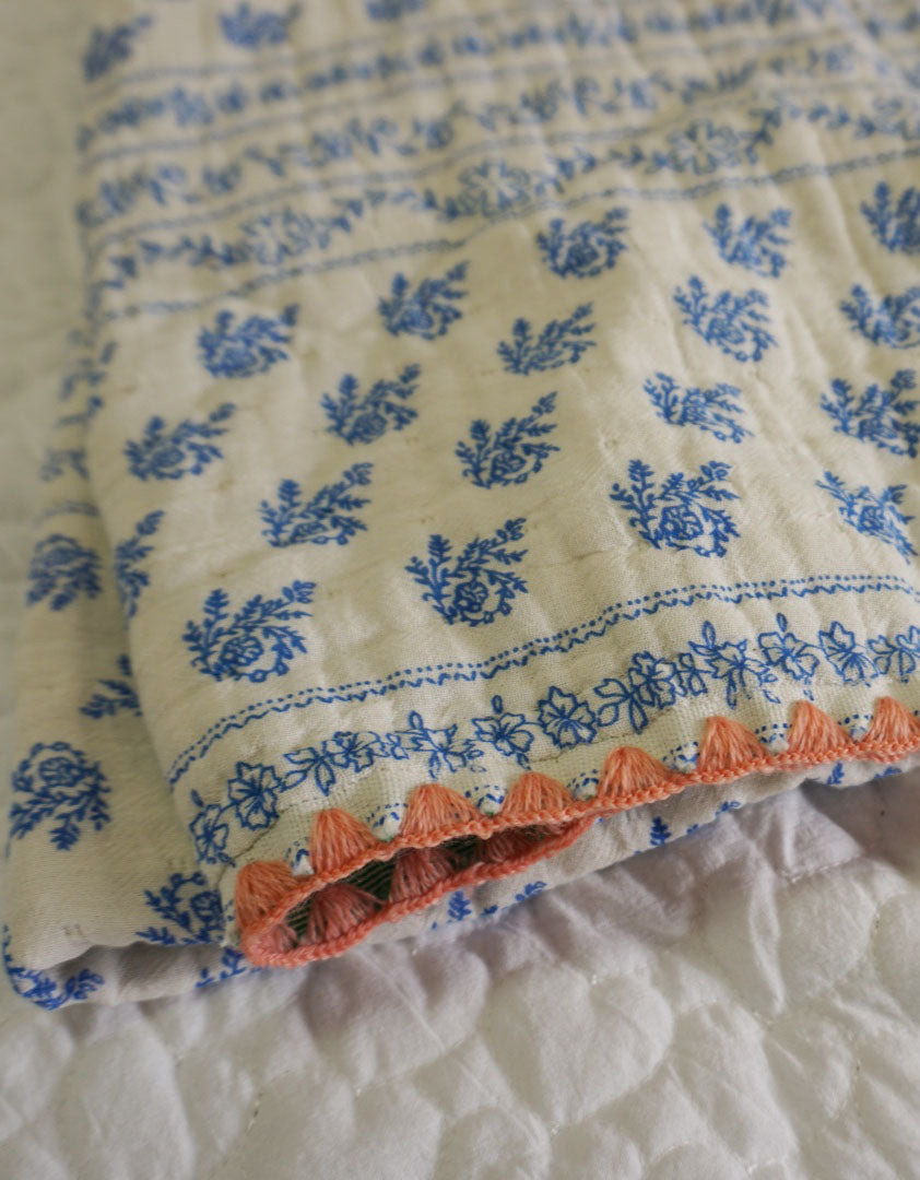 Handcrafted Cotton Blanket with Blue Floral Print