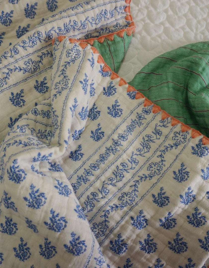 Handcrafted Cotton Blanket with Blue Floral Print