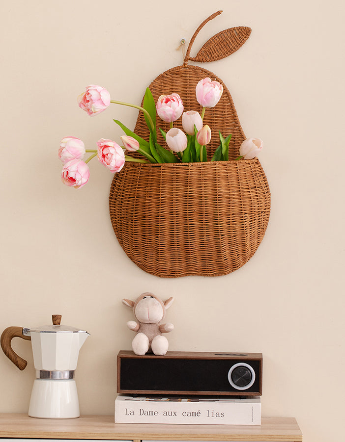 Cesta de pared multifuncional con forma de pera y tejido de ratán hecho a mano