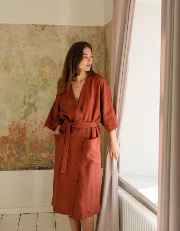 Homewear French Style Mid-length Linen Bathrobe