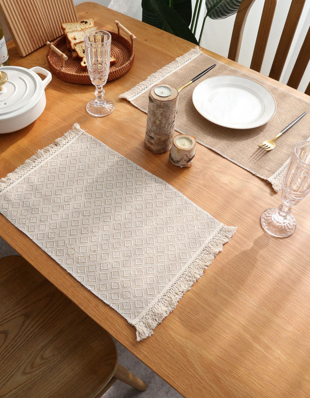 2PCS Insulation Plate Mat Jute Tassel Placemat