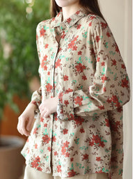 Printed Cotton Linen Long-sleeved Floral Shirt