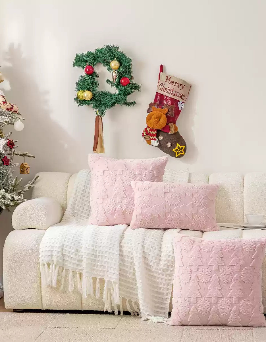 Housse de coussin en jacquard avec flocons de neige et sapin de Noël