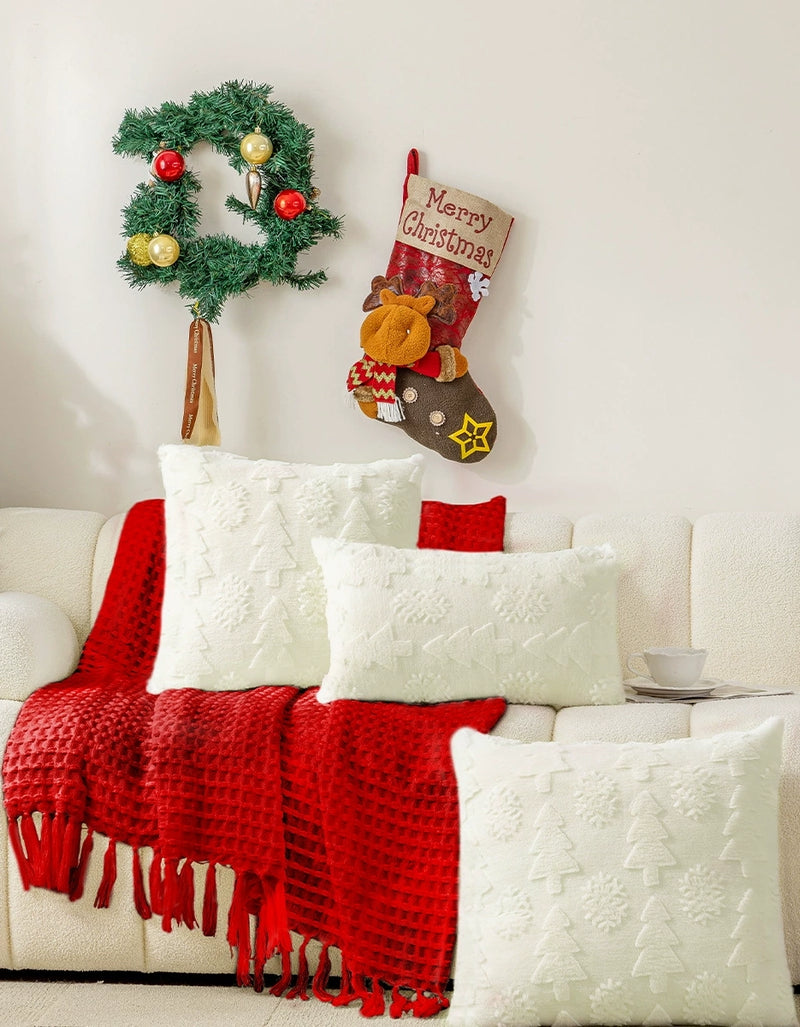 Housse de coussin en jacquard avec flocons de neige et sapin de Noël