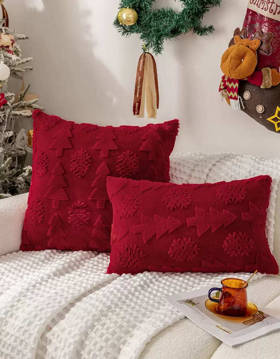 Housse de coussin en jacquard avec flocons de neige et sapin de Noël