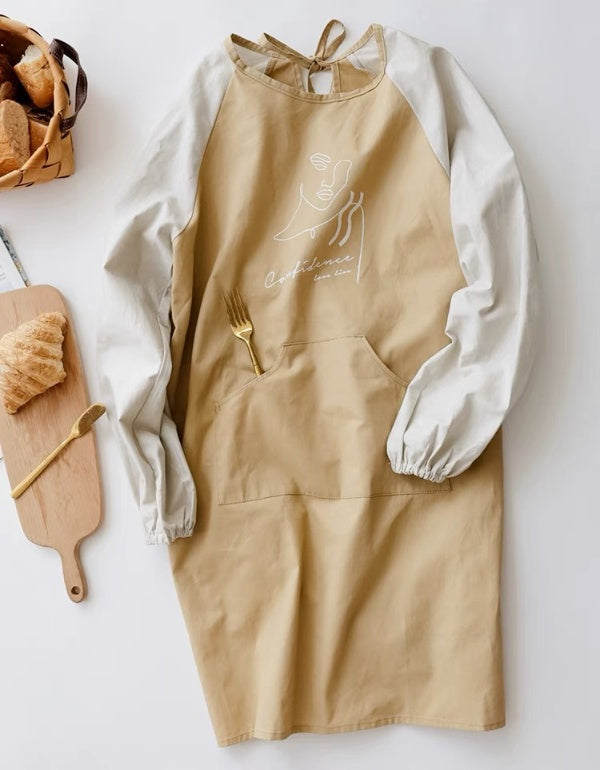 Khaki Waterproof And Oil-proof Cotton Long-sleeved Kitchen Apron