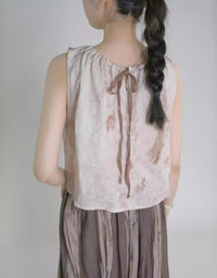 Lace-up Collar Printed Linen Top