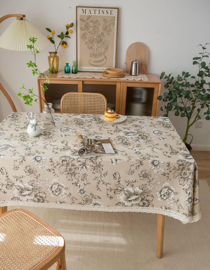 Lace Edge Retro Flower Printed Tablecloth