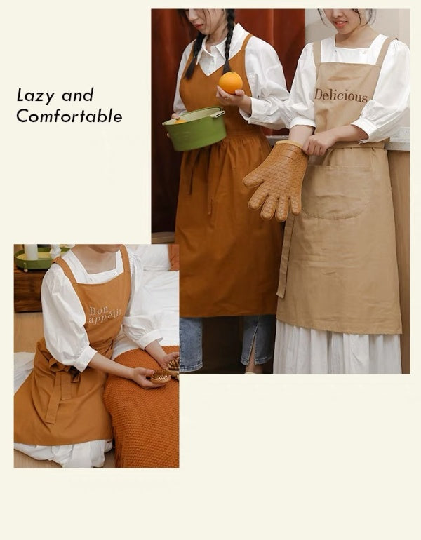 Tablier de cuisine imperméable en pur coton avec bretelles brodées et lettres