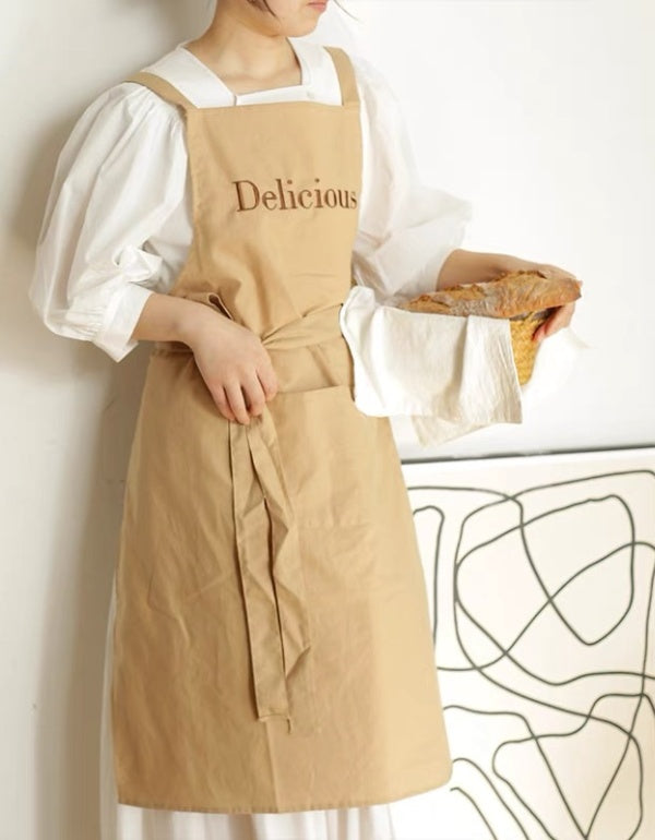 Letter Embroidered Strap Style Pure Cotton Waterproof Kitchen Apron