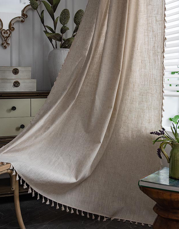 Light Filtering Soft Rustic Beige Linen Tassel Curtain