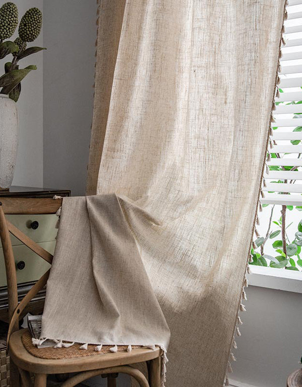 Light Filtering Soft Rustic Beige Linen Tassel Curtain