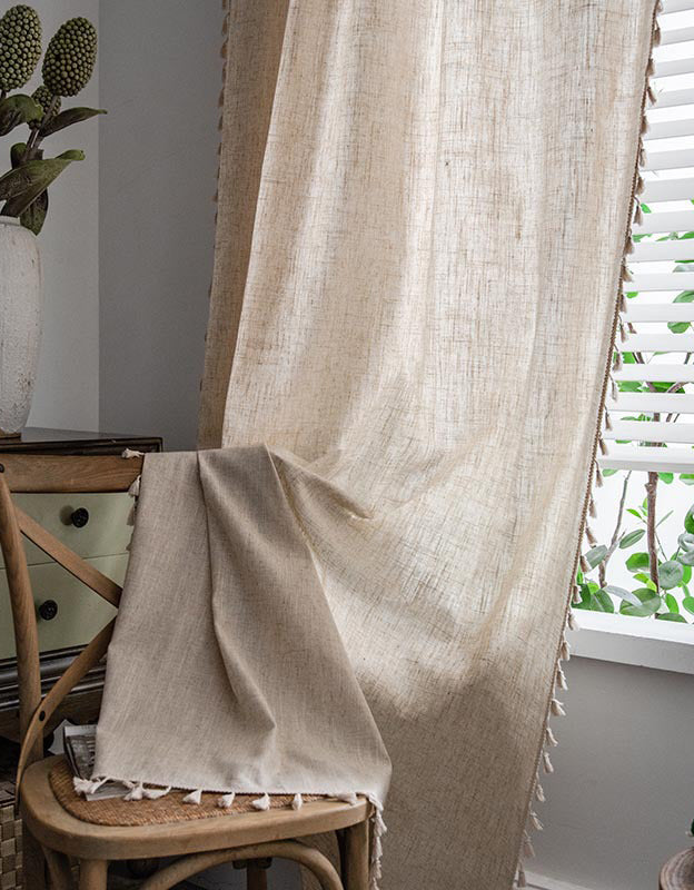 Light Filtering Soft Rustic Beige Linen Tassel Curtain