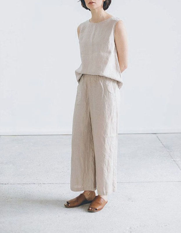 Linen Casual Elastic Waist Wide Leg Pants