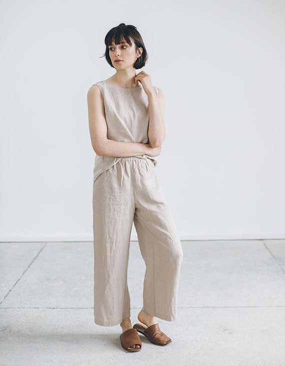 Linen Casual Elastic Waist Wide Leg Pants