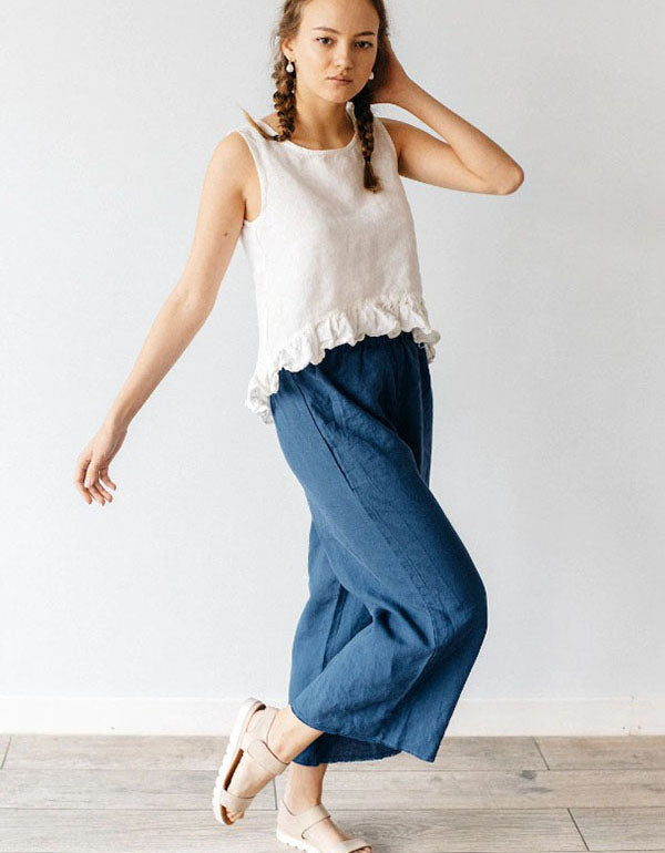 Linen Casual Elastic Waist Wide Leg Pants