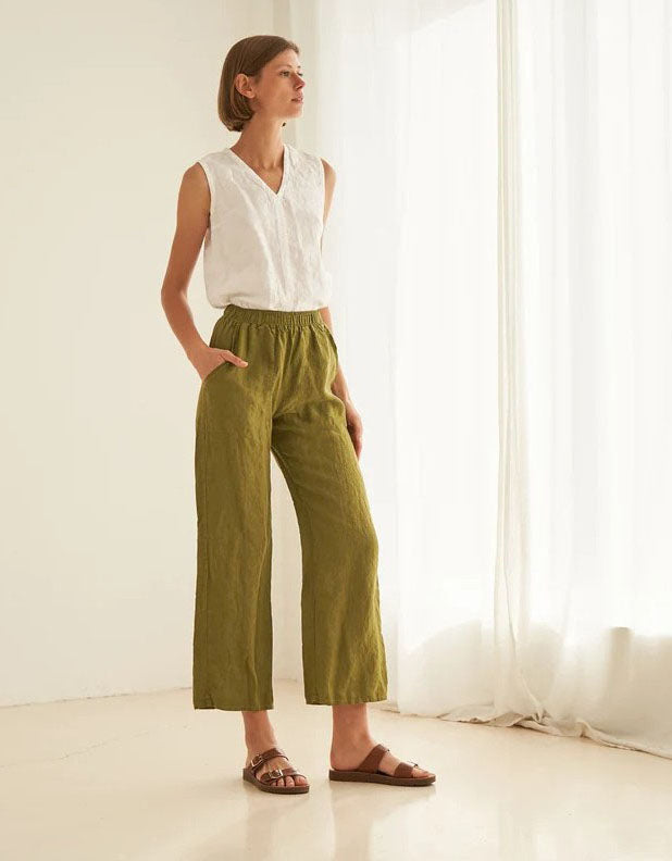 Pantalones anchos de lino con cintura elástica para uso informal 