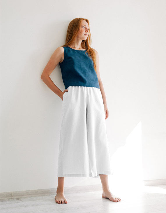 Linen Casual Elastic Waist Wide Leg Pants