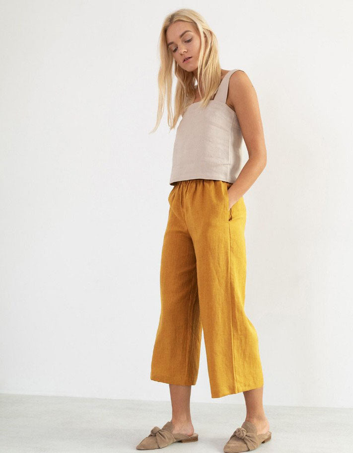 Linen Casual Elastic Waist Wide Leg Pants