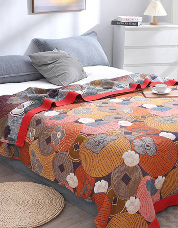 Multicolor Persimmon Cotton Gauze Reversible Bedcover Sofa Blanket