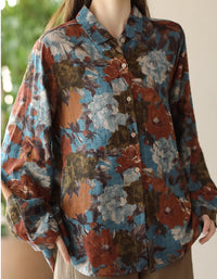 Printed Cotton Linen Long-sleeved Floral Shirt