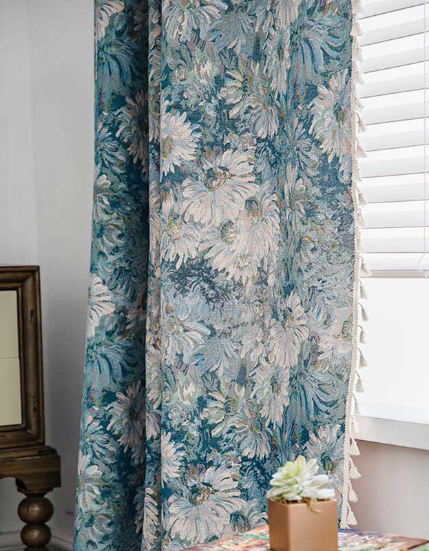 Oil Painting Style Flower Pattern Tassel Curtains