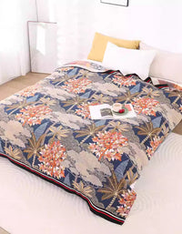 Opulent Tropical-Themed Bedcover Sofa Blanket with Intricate Forest Motifs and Rich Seasonal Colors