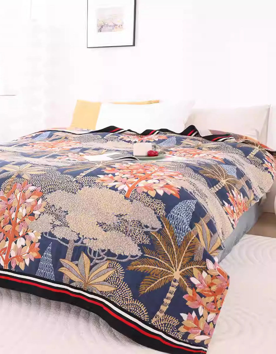 Opulent Tropical-Themed Bedcover Sofa Blanket with Intricate Forest Motifs and Rich Seasonal Colors