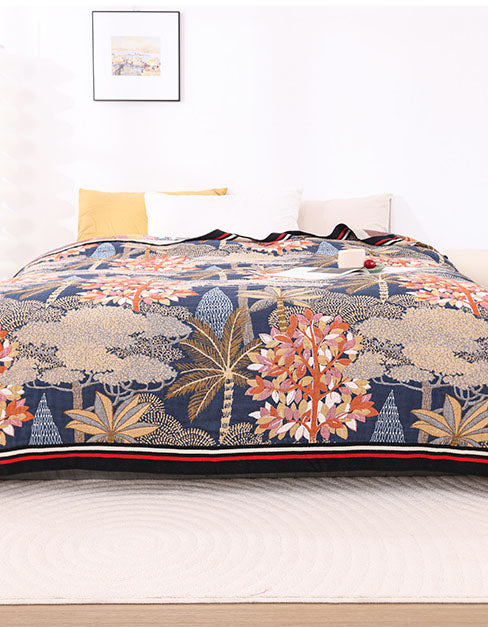 Opulent Tropical-Themed Bedcover Sofa Blanket with Intricate Forest Motifs and Rich Seasonal Colors