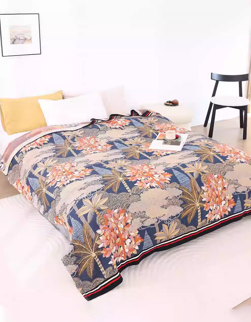 Opulent Tropical-Themed Bedcover Sofa Blanket with Intricate Forest Motifs and Rich Seasonal Colors