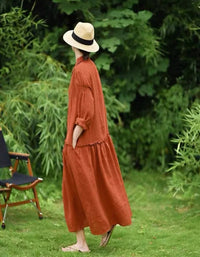 Orange Casual Long Sleeve Linen Dress