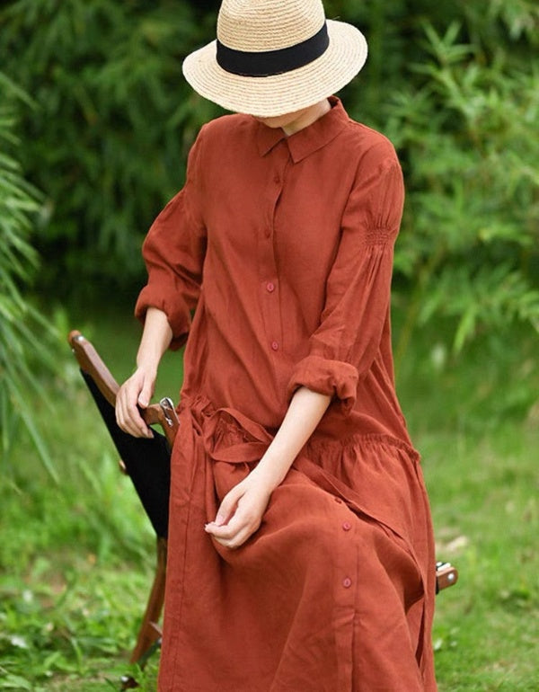 Vestido casual de lino de manga larga de color naranja