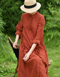 Orange Casual Long Sleeve Linen Dress