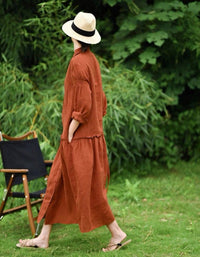 Orange Casual Long Sleeve Linen Dress