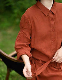 Orange Casual Long Sleeve Linen Dress