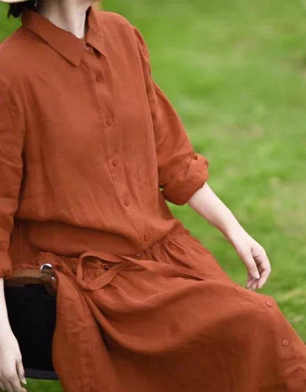 Orange Casual Long Sleeve Linen Dress