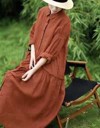 Orange Casual Long Sleeve Linen Dress