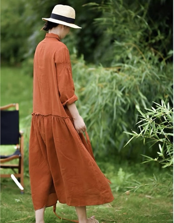 Vestido casual de lino de manga larga de color naranja