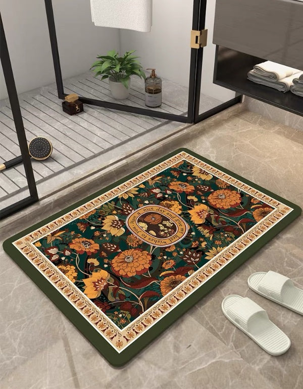 Tapis de salle de bain antidérapant à séchage rapide avec imprimé rétro pastoral