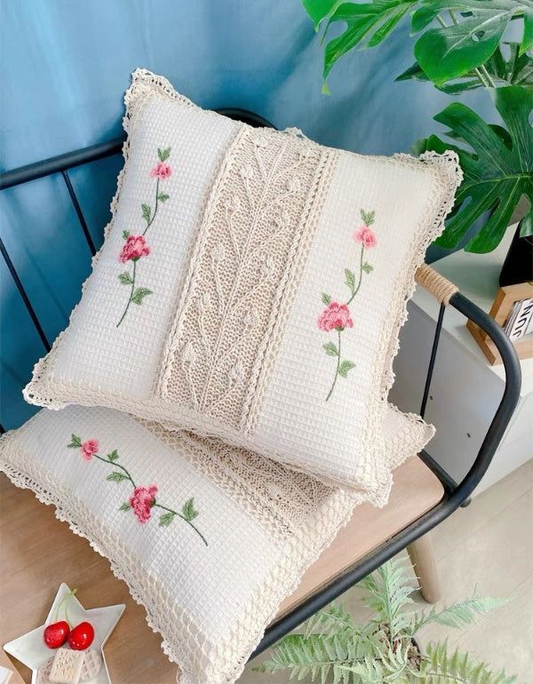 Pastoral Style Hand Embroidered Woven Cotton Cushion Cover