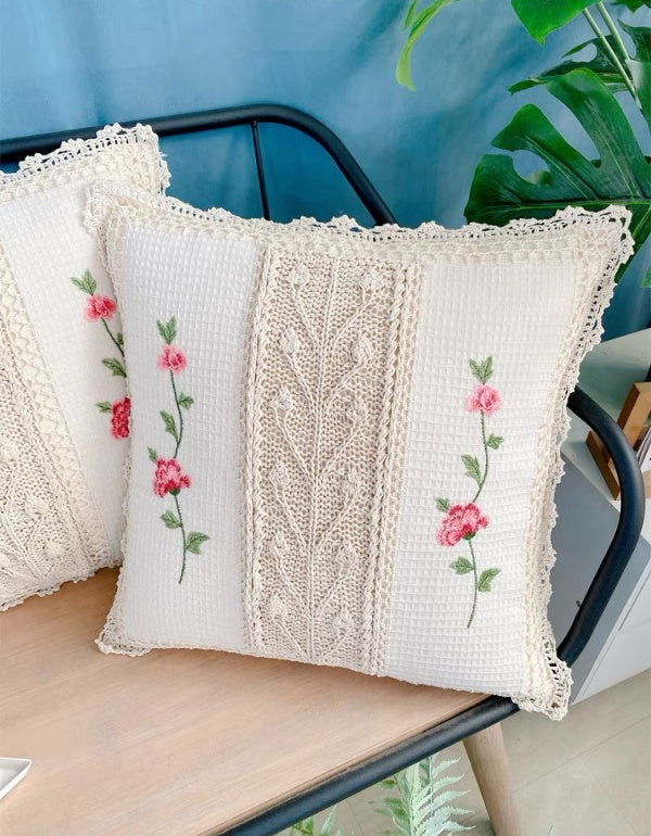 Pastoral Style Hand Embroidered Woven Cotton Cushion Cover