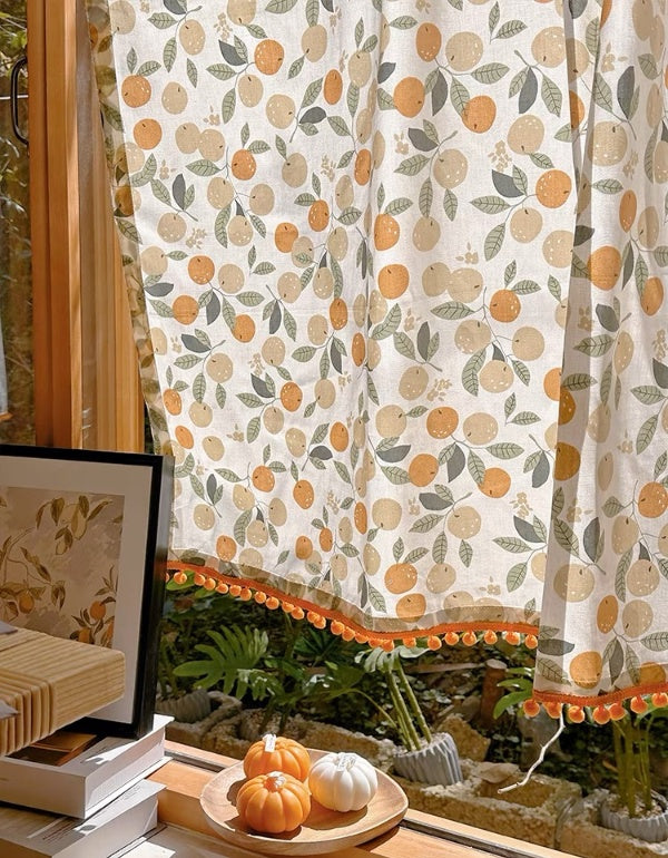 Pastoral Style Orange Printed Cotton Linen Curtains