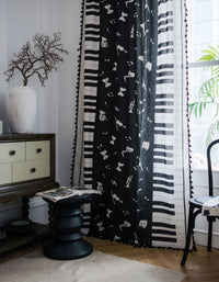 Piano Printing Black Tassel Edge Curtain