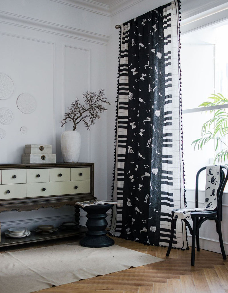 Piano Printing Black Tassel Edge Curtain